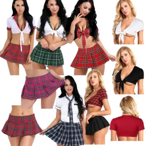 Women Sexy School Girl Uniform Adult Cosplay Costumes Lingerie Top + Skirt Dress - Picture 1 of 40