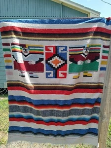 VINTAGE Mexican Woven Throw Blanket Rug  Aztec Twin Full  - Picture 1 of 3