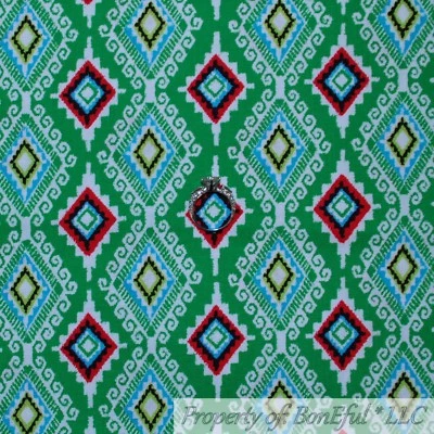 BonEful FABRIC FQ Cotton Quilt Green White Red Aqua Blue Damask Stripe Xmas Baby - Image 1 of 4