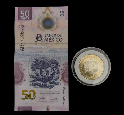 50 PESOS BILL MEXICO  AND 20 PESO COIN FUNDACION DE TENOCHTITLAN BILLETE MONEDA - Image 1 of 4