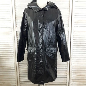 NEW Forever 21 Women's Small Jacket Raincoat w/Hood Shinny Wet Look Black Snaps - Picture 1 of 12