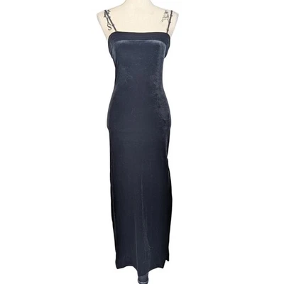 90s Vintage Charlotte Russe Velvet Spaghetti Strap Long Dress Gown Black - Image 1 of 4