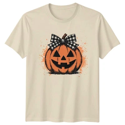 Halloween Pumpkin Plaid Bow Graphic Mens Womens Unisex Tee - Image 1 of 4