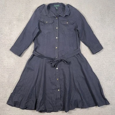 Lauren Ralph Lauren 100% Linen Shirt Dress Womens L Blue Gold Button Tab Sleeve - Image 1 of 4