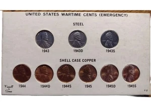 1943 & 1944 & 1945 P-D-S UNC. CENTS "WARTIME EMERGENCY ISSUE" in Display Case#67 - Picture 1 of 2