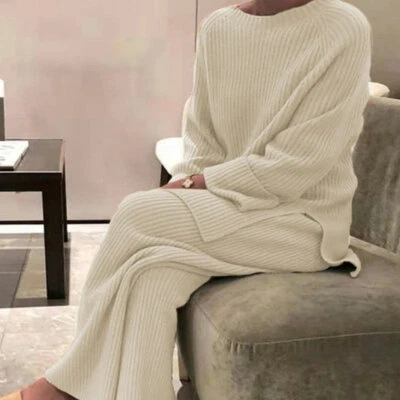 Mujeres Tejido Manga Larga Jersey Prendas para el torso Pantalones Pierna Ancha Informal Suéter Traje Trajes Foto 1 de 4