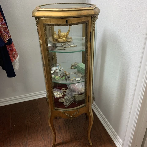 Antique French Louis XV Gold Vernis Style Curved Glass Vitrine Curio Cabinet Cover