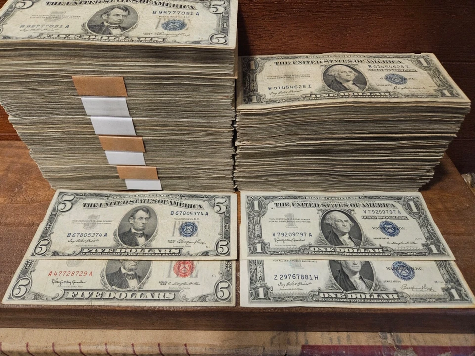 4 notes.  1963 Red Seal $5, 1953 $5 Silver cert & 1935/57 $1 silver certificate - Image 1 of 3