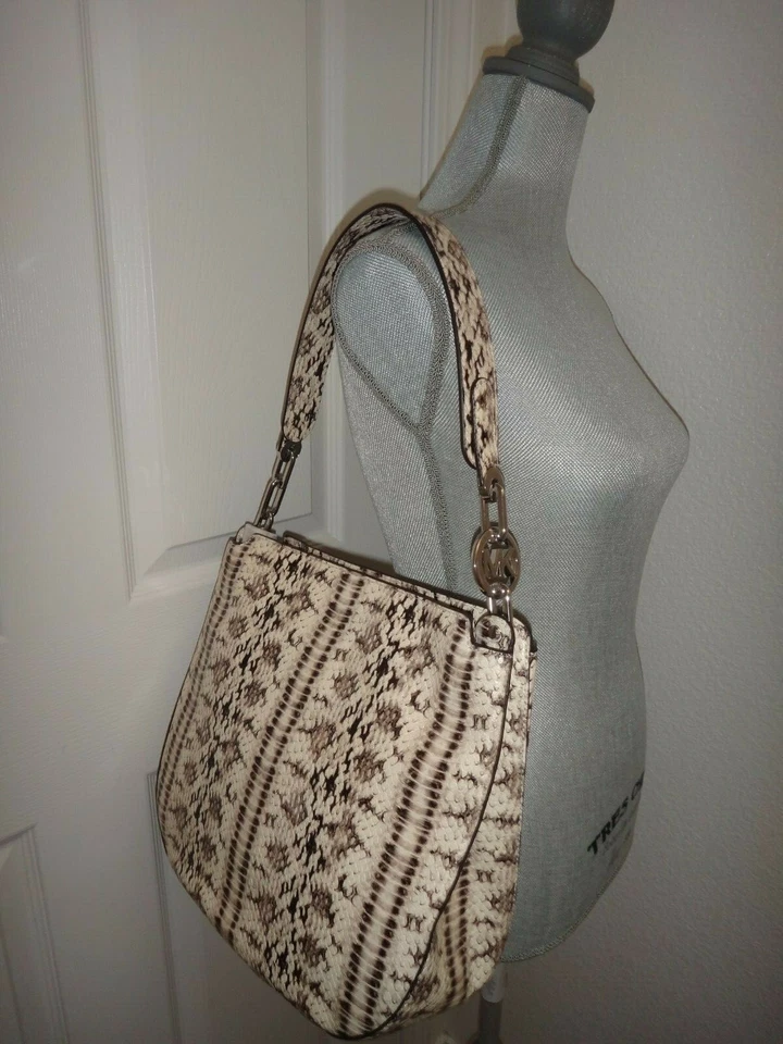 Michael Kors Fulton LG Hobo Bag Python Snake Skin Embossed Leather 30s8sfth7e
