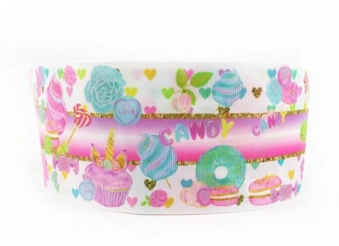 3" Grosgrain Ribbon 5 yards Unicorn candy lollipop macaron heart sweets dessert - Image 1 of 1