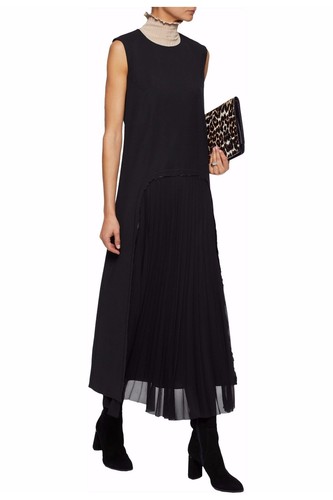 Abito nero MAISON MARGIELA $1795 in lana elastica e chiffon a pieghe 40 nuovo con etichette