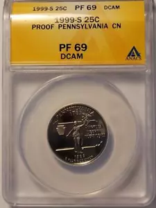 1999 S 25C PROOF STATE QUARTER PENNSYLVAINIA ANACS PF 69 DCAM #K213 - Picture 1 of 4