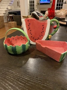 Set Of 3 Ceramic Watermelon Pieces Pitcher Basket And Slice - Picture 1 of 14