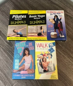 (5) VINTAGE VHS WORKOUT TAPES LOT YOGA & PILATES FOR DUMMIES START UP AEROBICS - Picture 1 of 2