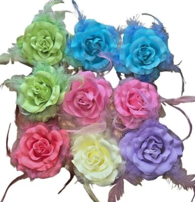 3.5" ORGANZA LILY CENTER ROSE & FEATHER BROOCH/CORSAGE OR HAIR CLIP - Image 1 of 2