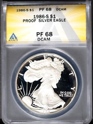 1986-S $1 Silver American Eagle PF 68 DCAM ANACS # 7539851 + Bonus. Frosty Cameo - Image 1 of 2