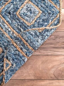 Rug Denim Jute Natural Hand Braided Farmhouse Area Rug Rustic Look Rugs - Picture 1 of 8