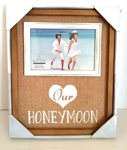Our Honeymoon Picture Frame Wood Trim Burlap Brown White 4x6" Photo NEW - Picture 1 of 4