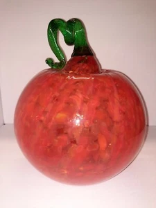 Vintage Glass Orange Pumpkin Iridescent Green Curly Stem Halloween Fall 13.5" - Picture 1 of 7