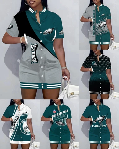 Philadelphia Eagles Women's Snap Button Varsity Dress Short Sleeve Jacket Dress Cover