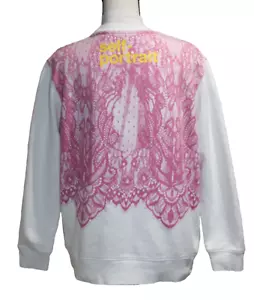 Self- Portrait Womens Large Pink Lace Printed Crew Sweatshirt White French Terry - Picture 1 of 7