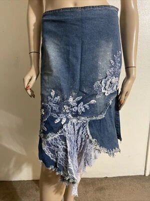 Синий джинсовой ткани Midi бисером вышивка блестящий вязаный кружевной размер XL (10-12) юбка 903 - Изображение 1 из 4