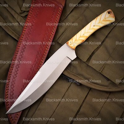 Custom Handmade Bowie Knife, Bone Handle, Hunting Knife With Leather Sheath - Image 1 of 4