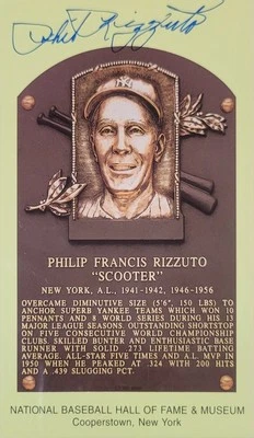 Phil Rizzuto Signed Gold HOF Plaque Postcard Yellow Autograph Yankees JSA - Image 1 of 2