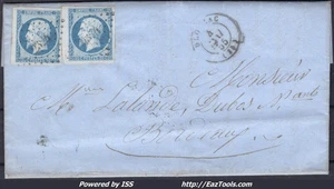 FRANCE N°14Afx2 LAITEUX SUR LETTRE PC 2324 OLONZAC HERAULT + CAD DU 04/05/1855 - Picture 1 of 2