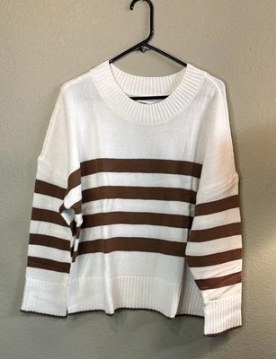 Nuevo Suéter Sonoma Para Mujer Blanco y Marrón Rayas Cuello Redondo Informal Preppy Talla XXL Foto 1 de 4