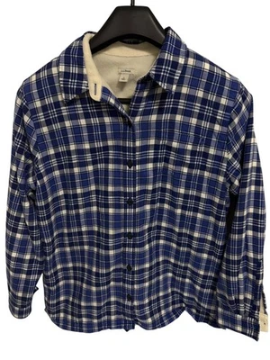LL Bean Shirt Jacket Women Large Blue Plaid Flannel Sherpa Lined Shacket - Image 1 of 4