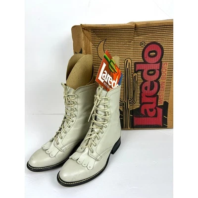 Laredo Western White Boots 6 Lace Up Fringe Leather Cowgirl Vintage Granny Box - Image 1 of 4