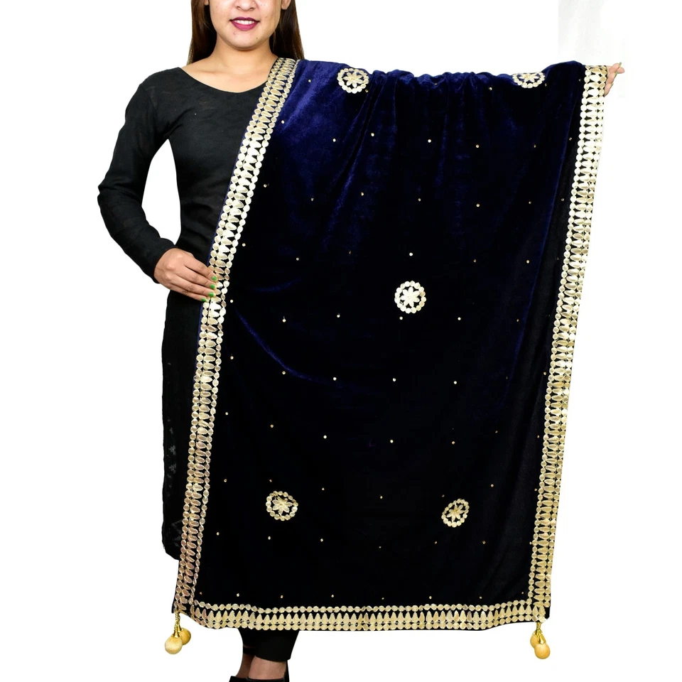 Terciopelo Dupatta Bordado Dorado Con Gota Patti Trabajo Chunni Bufandas Estola Hijab Foto 1 de 1
