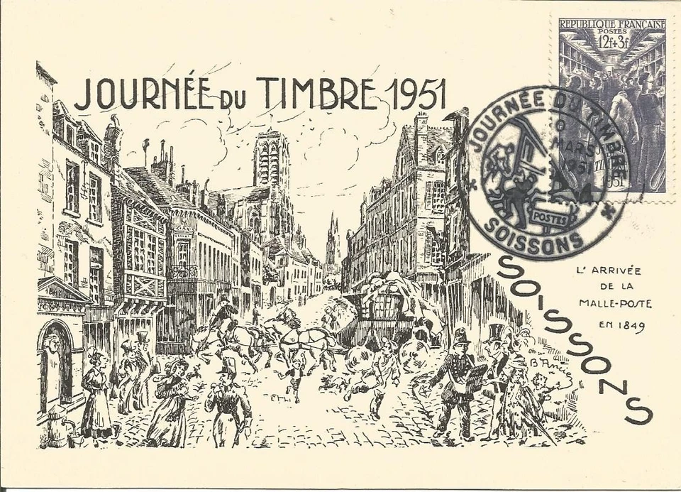 CARTE  1ER JOUR  JOURNEE DU TIMBRE SOISSONS 10/3 1951 - Photo 1/1