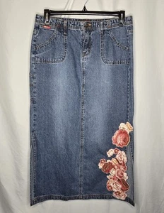 Vtg Upcycled Union Bay Floral Applique Medium Wash Denim Long Maxi Skirt Size 13 - Picture 1 of 17