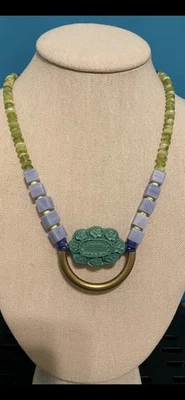 David Aubrey necklace cut glass & stone artisan blue green brass pendant 20-23” - Image 1 of 4
