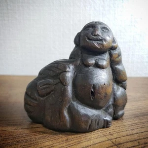 Hotei God Small Wood Carving Statue 2.7 inch tall Japanese Antique Figurine - Picture 1 of 9