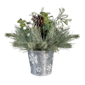 Shades of Green Faux Floral Table Decor Artificial Frosted Pine in a Metal Pot, - Picture 1 of 3