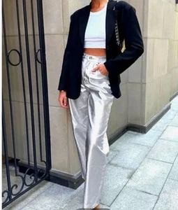 Pantalones Commense Plateados Metálicos Pierna Recta Bolsillos Talla M NUEVO - Imagen 1 de 7