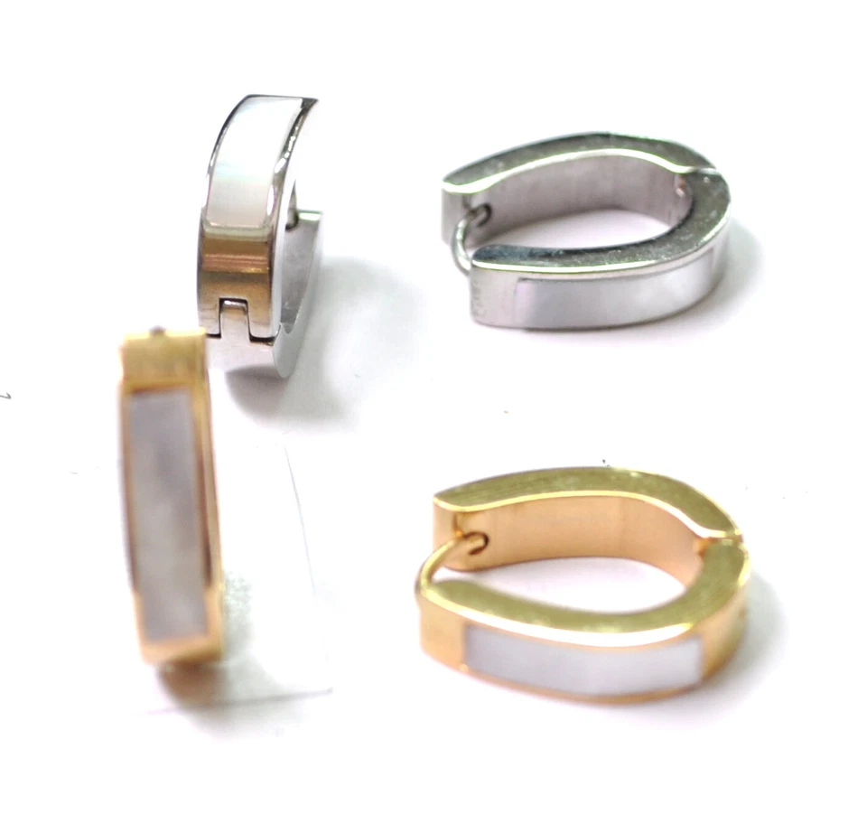 Edelstahl Oval Creolen Klapp Damen Ohrringe silberGold Klappcreolen Perlmut 16mm - Bild 1 von 1