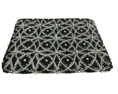 Vintage 80s Neiman Marcus Beaded Small Black Clutch Bag Silver Gold 6x4 - Image 1 of 4
