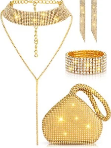 4pcs Costume Rhinestone Jewelry for Women (Gold,Medium) - Picture 1 of 7