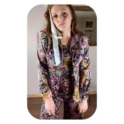 Fantasía Años 70 Vintage Negro y Rosa Multicolor Paisley Poliéster Juego de 3 Piezas a Juego  Foto 1 de 4