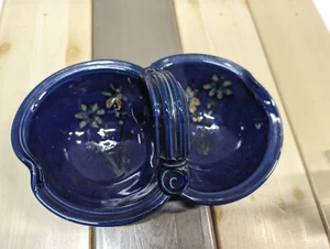 VTG Signed Pottery 2 Compartment  Divided Handle Dish Cobalt Blue Hand Painted - Picture 1 of 6