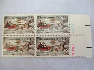 Vintage US POSTAGE 10 cent stamp PLATE BLOCK CHRISTMAS Horse Sleigh New MNH - Picture 1 of 1