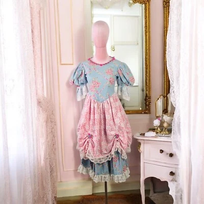 Girls Colonial Bo Peep Princess  Dress Size 10 Hand Sewn Pink Blue Floral Lace - Image 1 of 4