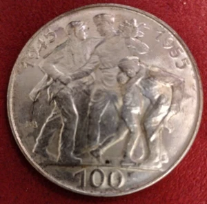 CZECHOSLOVAKIA 100 KORUN 1955 BU Silver 10th Anniversary WWII liberation crown! - Picture 1 of 2