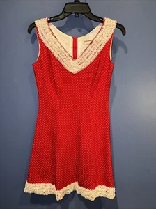 Small 1950’s Gangster Day Dress Red White Polka Lace Trim Short 26” Waist - Picture 1 of 5