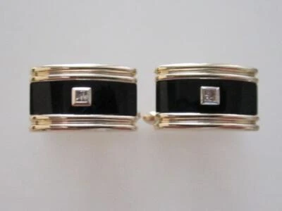 CLASSIC 14K. Abotoaduras de ouro amarelo ônix e diamante, vintage - Imagem 1 de 4