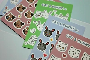 Cute original CAT AND BUNNY EMOJI stickers sheet journal diary stationery diy - Picture 1 of 12